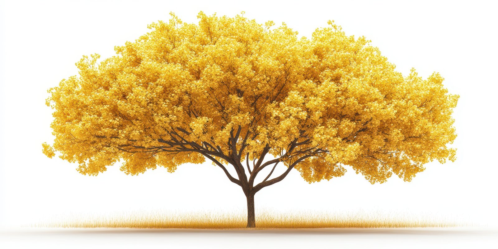 Bright golden tree stands alone in a serene landscape, showcasing vibrant autumn foliage under clear blue sky